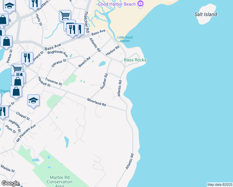 map of restaurants, bars, coffee shops, grocery stores, and more near 69 Atlantic Road in Gloucester