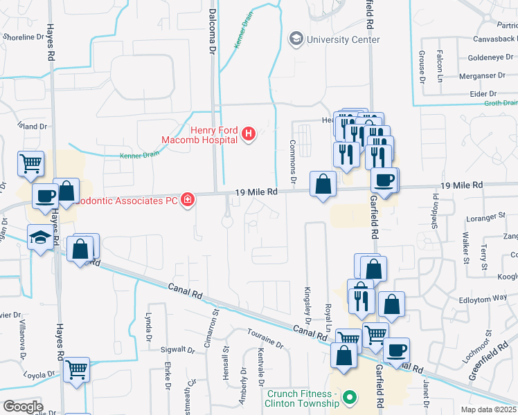 map of restaurants, bars, coffee shops, grocery stores, and more near 16230 19 Mile Road in Macomb County