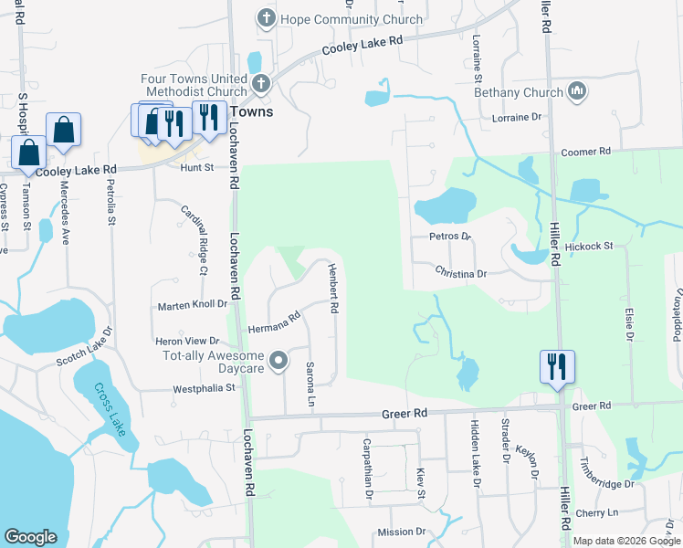 map of restaurants, bars, coffee shops, grocery stores, and more near 1770 Henbert Road in West Bloomfield Township