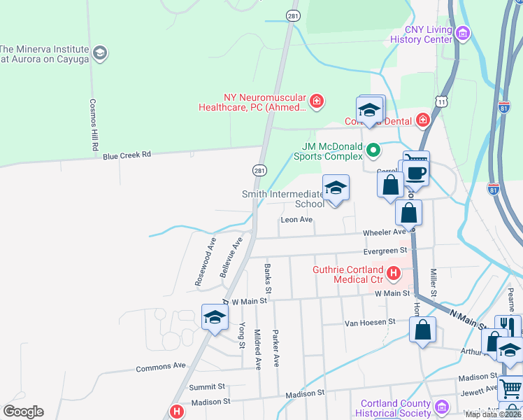 map of restaurants, bars, coffee shops, grocery stores, and more near 13 Harmony Cir in Cortland