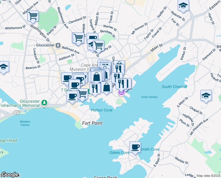 map of restaurants, bars, coffee shops, grocery stores, and more near 2 Harbor Loop in Gloucester
