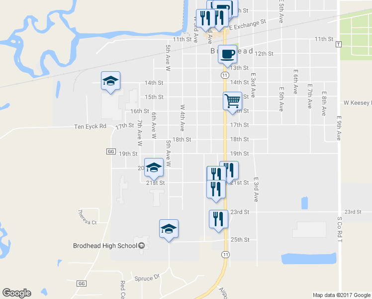 map of restaurants, bars, coffee shops, grocery stores, and more near 1806 West 4th Avenue in Brodhead