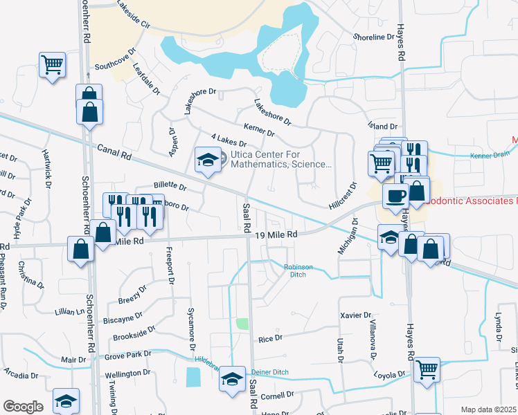 map of restaurants, bars, coffee shops, grocery stores, and more near 14309 Vauxhall Drive in Sterling Heights