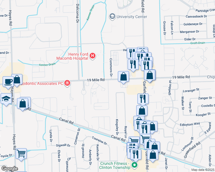 map of restaurants, bars, coffee shops, grocery stores, and more near 16366-16390 19 Mile Road in Charter Township of Clinton
