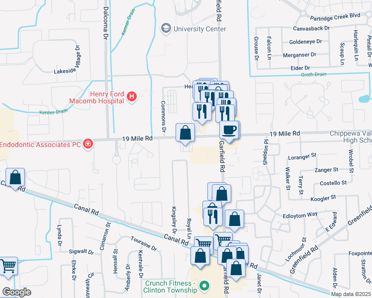 map of restaurants, bars, coffee shops, grocery stores, and more near 16530 19 Mile Road in Clinton Township