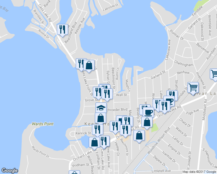 map of restaurants, bars, coffee shops, grocery stores, and more near 2927 Moss Street in Keego Harbor