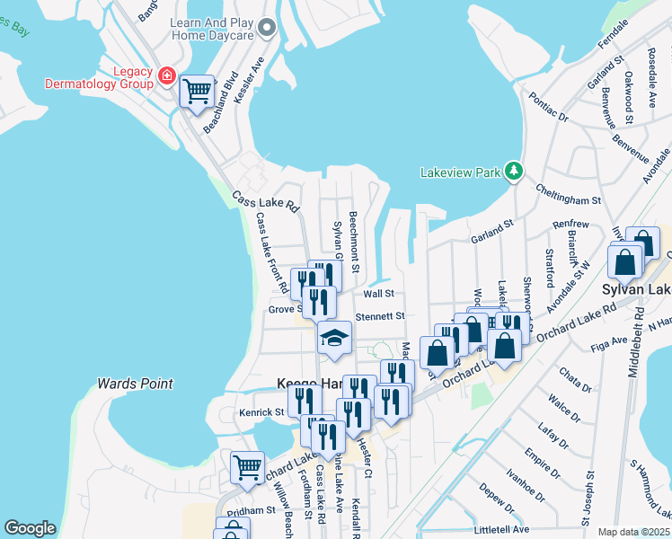 map of restaurants, bars, coffee shops, grocery stores, and more near 2927 Moss Street in Keego Harbor