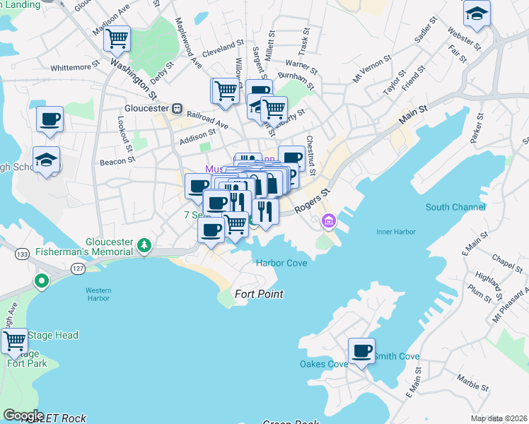 map of restaurants, bars, coffee shops, grocery stores, and more near 50 Rogers Street in Gloucester