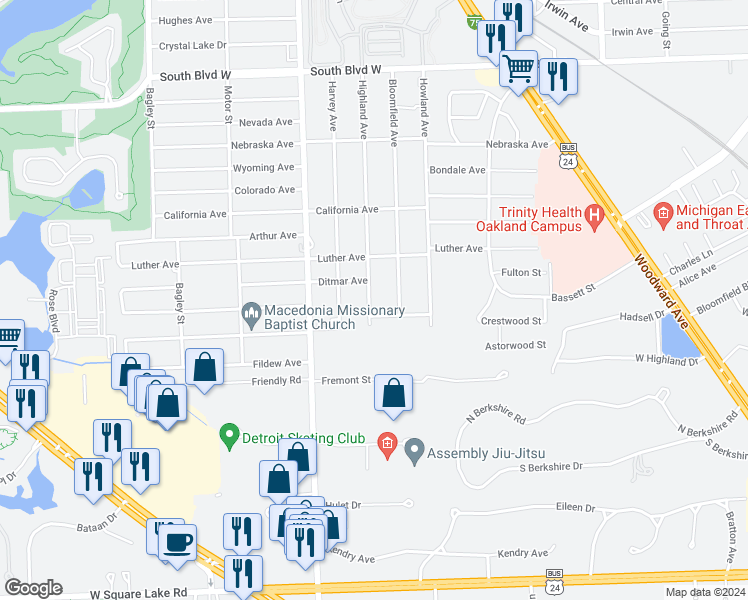 map of restaurants, bars, coffee shops, grocery stores, and more near 631 Highland Avenue in Pontiac