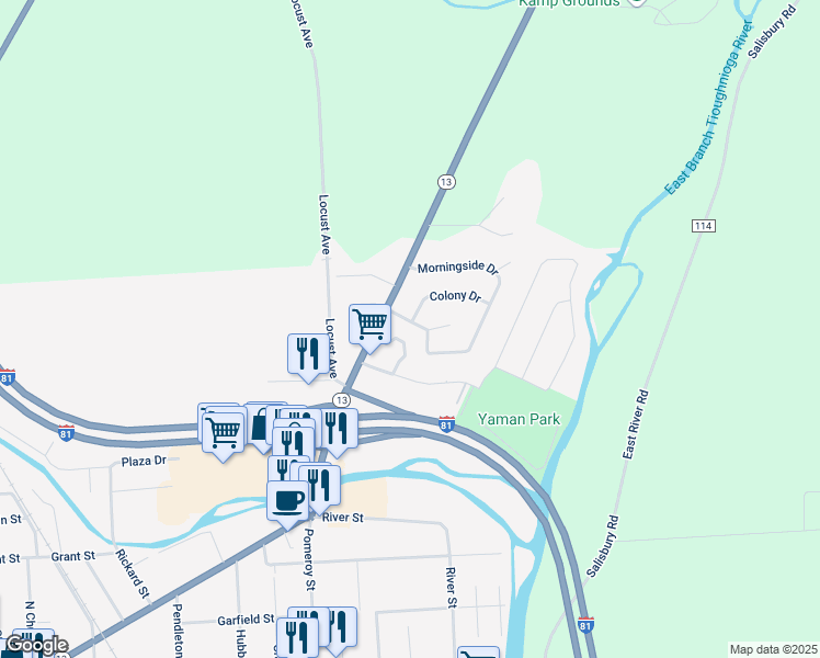 map of restaurants, bars, coffee shops, grocery stores, and more near 199 Clinton Avenue in Cortland