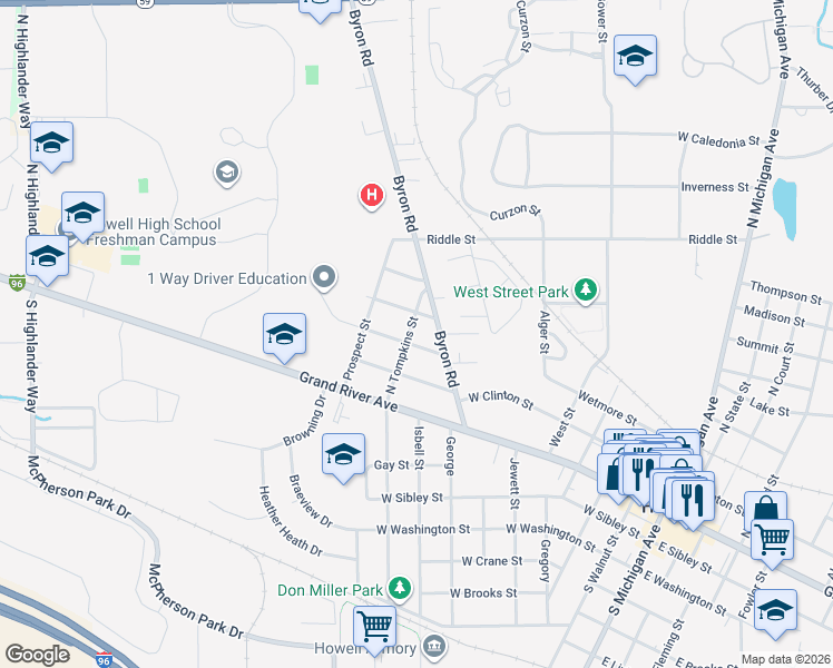 map of restaurants, bars, coffee shops, grocery stores, and more near 309 North Tompkins Street in Howell