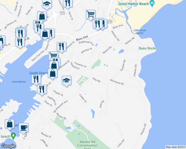 map of restaurants, bars, coffee shops, grocery stores, and more near 63 Haskell Street in Gloucester