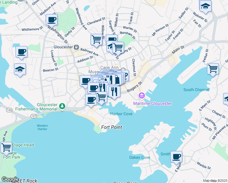 map of restaurants, bars, coffee shops, grocery stores, and more near 26 Hancock Street in Gloucester