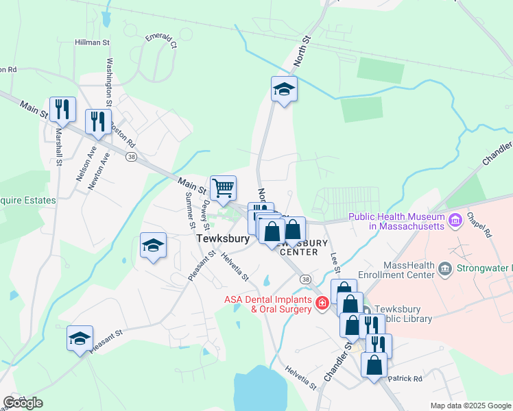 map of restaurants, bars, coffee shops, grocery stores, and more near 30 East Street in Tewksbury