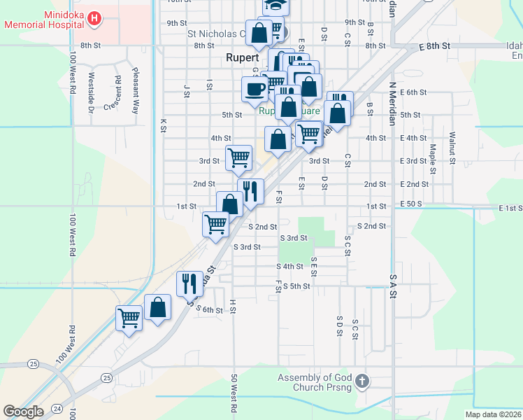 map of restaurants, bars, coffee shops, grocery stores, and more near 617 1st Street in Rupert