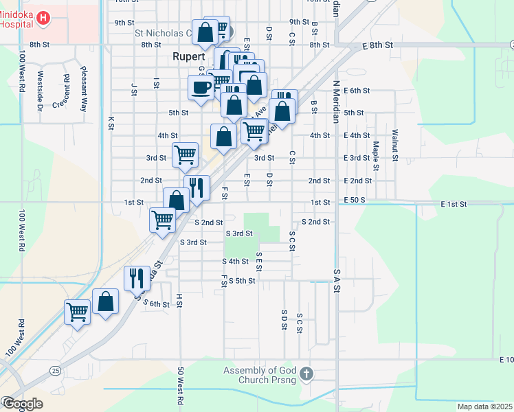map of restaurants, bars, coffee shops, grocery stores, and more near 419 1st Street in Rupert