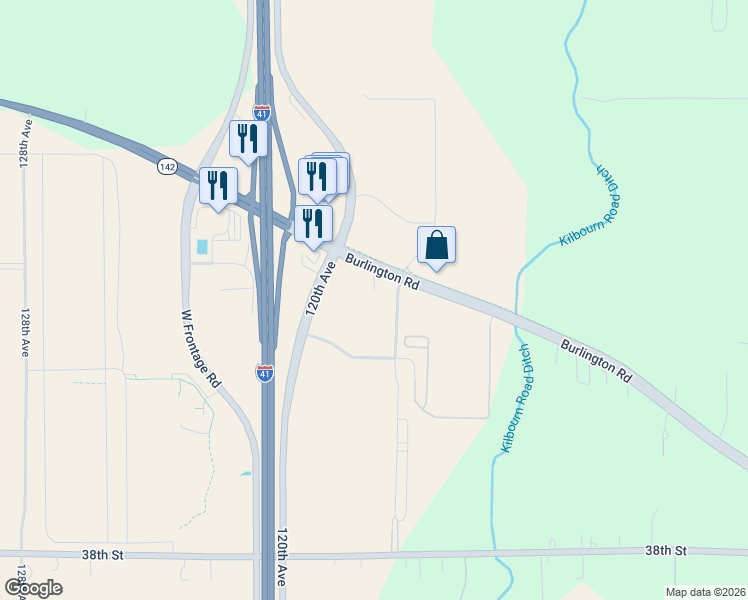 map of restaurants, bars, coffee shops, grocery stores, and more near 11515 Burlington Road in Kenosha