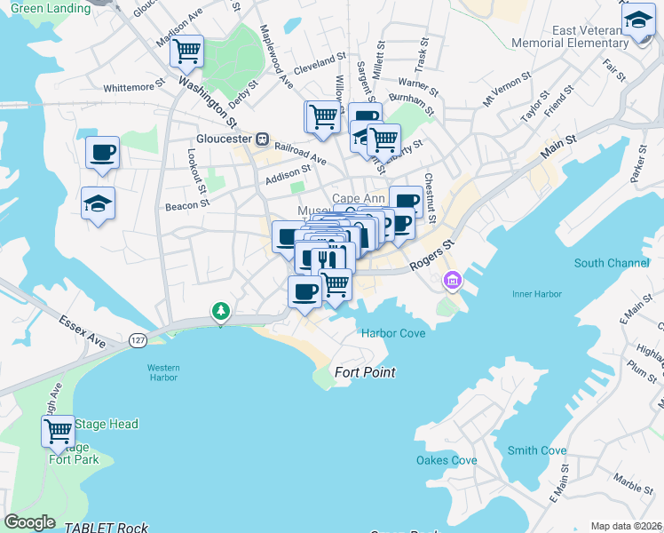 map of restaurants, bars, coffee shops, grocery stores, and more near 55 Main Street in Gloucester