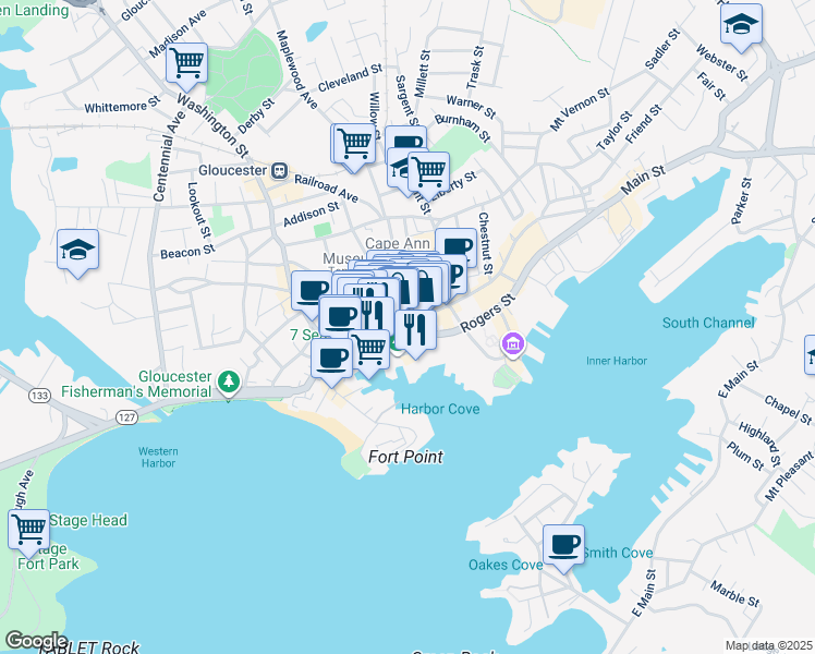 map of restaurants, bars, coffee shops, grocery stores, and more near 26 Hancock Street in Gloucester