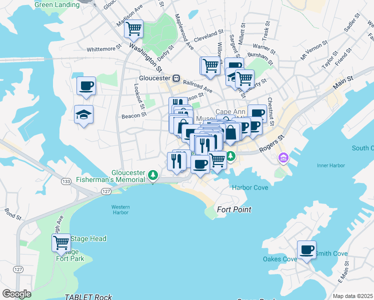map of restaurants, bars, coffee shops, grocery stores, and more near 16 Mansfield Street in Gloucester