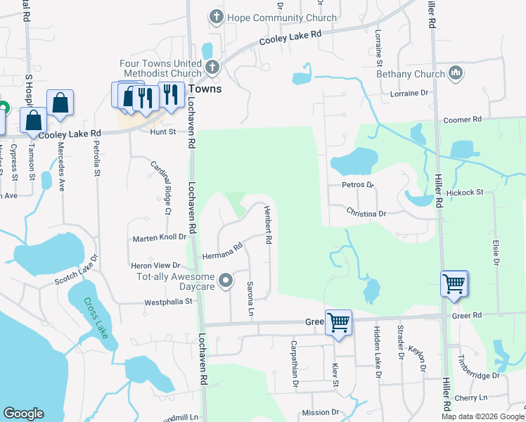 map of restaurants, bars, coffee shops, grocery stores, and more near 1770 Henbert Road in West Bloomfield Township