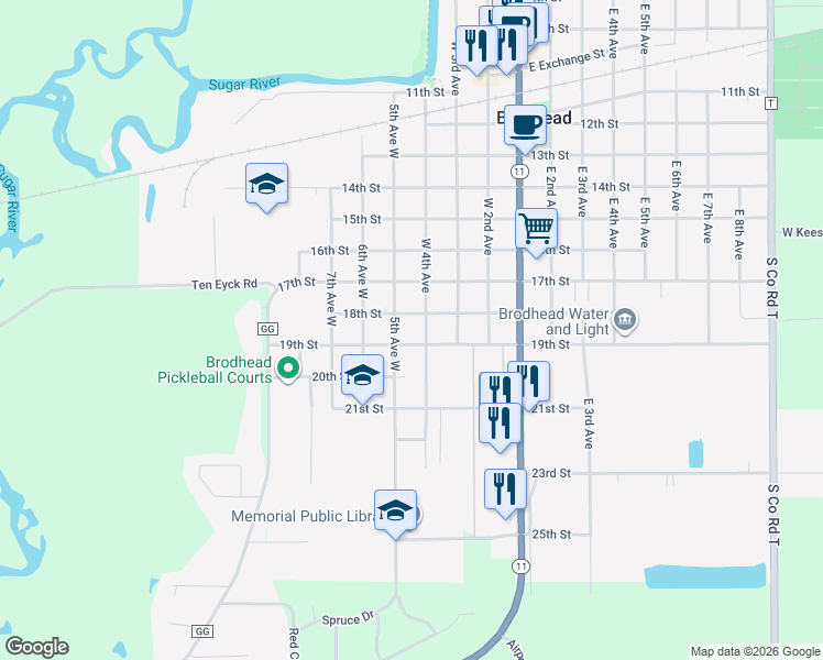map of restaurants, bars, coffee shops, grocery stores, and more near 1806 West 4th Avenue in Brodhead