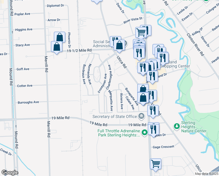 map of restaurants, bars, coffee shops, grocery stores, and more near 43316 Charlemagne Avenue in Sterling Heights