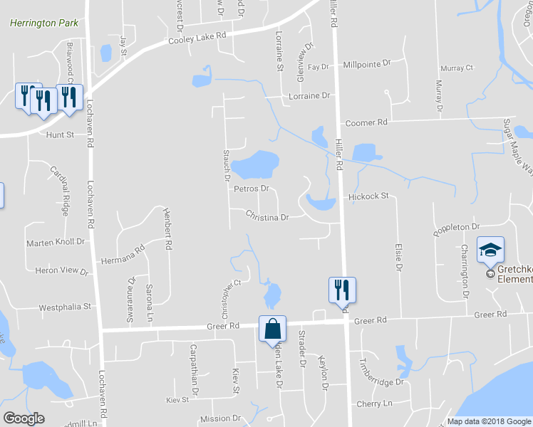 map of restaurants, bars, coffee shops, grocery stores, and more near 1775 Janet Drive in West Bloomfield Township