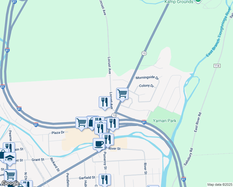 map of restaurants, bars, coffee shops, grocery stores, and more near 11 Cherry Lane in Cortland