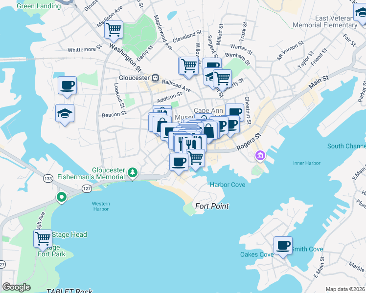 map of restaurants, bars, coffee shops, grocery stores, and more near 17 Washington Street in Gloucester