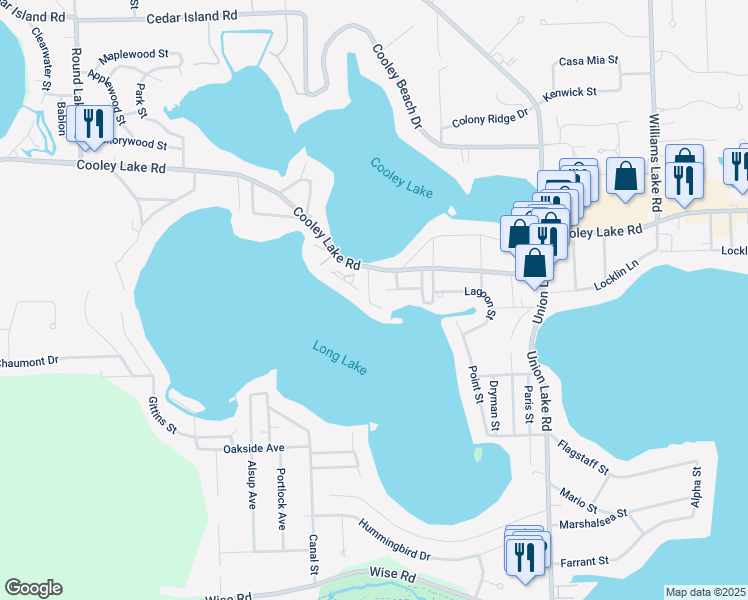 map of restaurants, bars, coffee shops, grocery stores, and more near 8627 Cooley Lake Road in Commerce Charter Township
