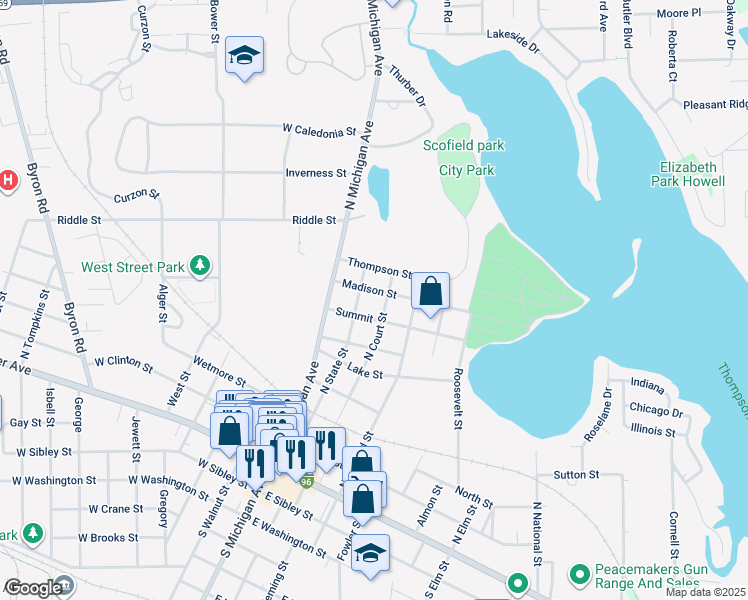 map of restaurants, bars, coffee shops, grocery stores, and more near 222 Summit Street in Howell