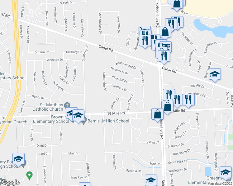 map of restaurants, bars, coffee shops, grocery stores, and more near 13085 Concord Drive in Sterling Heights