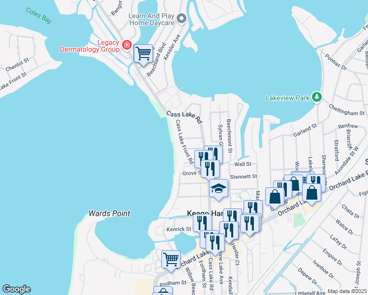 map of restaurants, bars, coffee shops, grocery stores, and more near 1862 Cass Lake Front Street in Keego Harbor