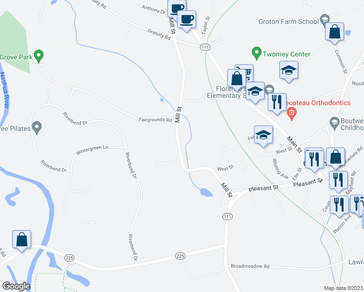 map of restaurants, bars, coffee shops, grocery stores, and more near 96 Mill Street in Groton