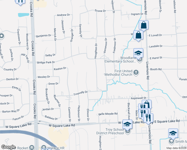 map of restaurants, bars, coffee shops, grocery stores, and more near 6430 Elmoor Drive in Troy