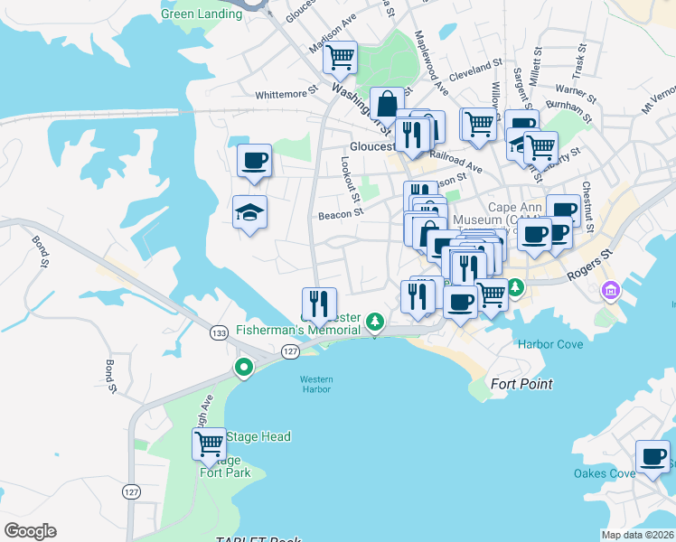 map of restaurants, bars, coffee shops, grocery stores, and more near 5 Lloyd Street in Gloucester