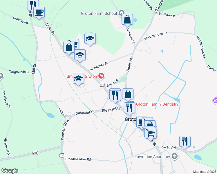 map of restaurants, bars, coffee shops, grocery stores, and more near 264 Main Street in Groton