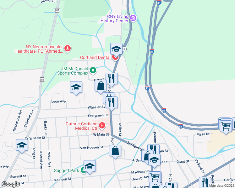 map of restaurants, bars, coffee shops, grocery stores, and more near 53 Miller Street in Cortland