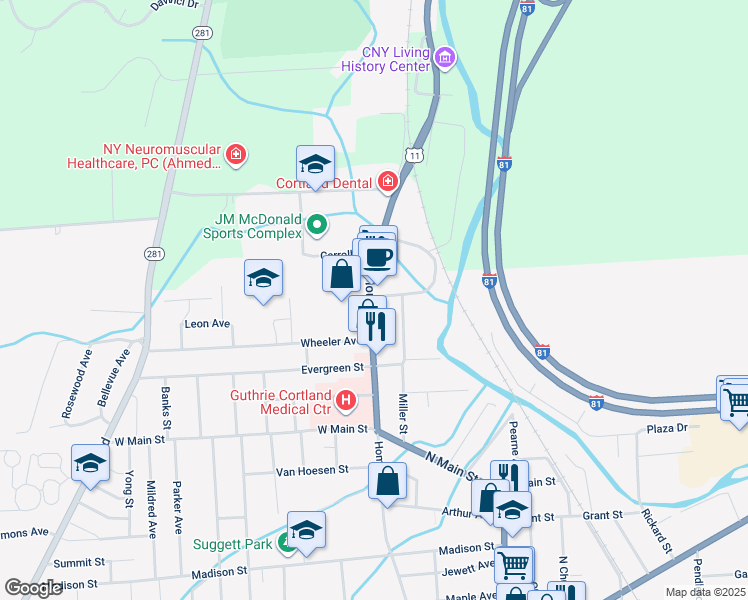 map of restaurants, bars, coffee shops, grocery stores, and more near 168-172 Homer Avenue in Cortland