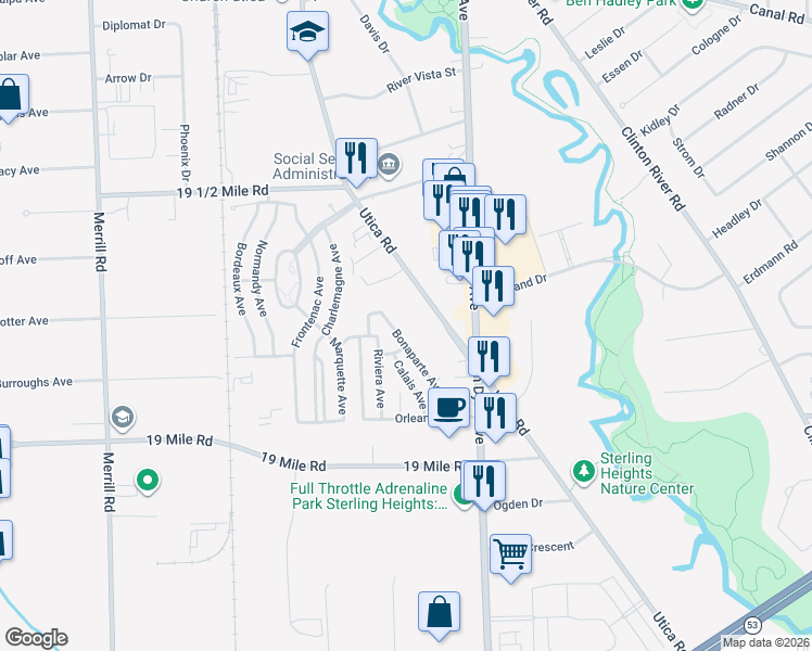 map of restaurants, bars, coffee shops, grocery stores, and more near in Sterling Heights