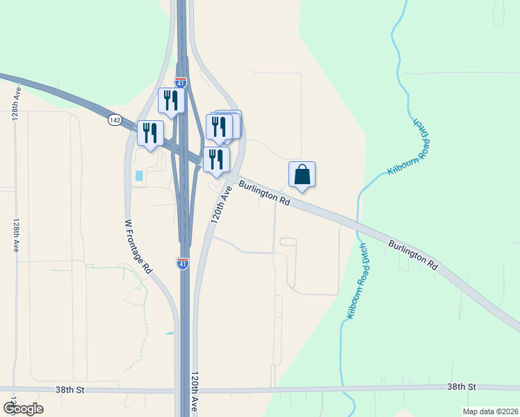 map of restaurants, bars, coffee shops, grocery stores, and more near 11515 Burlington Road in Kenosha