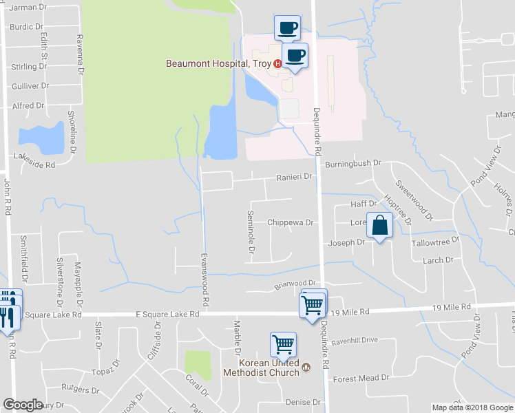 map of restaurants, bars, coffee shops, grocery stores, and more near 6330 Seminole Drive in Troy