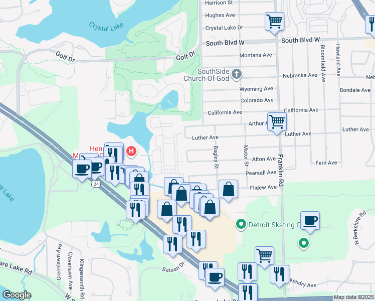 map of restaurants, bars, coffee shops, grocery stores, and more near 606 Wrenn Street in Pontiac