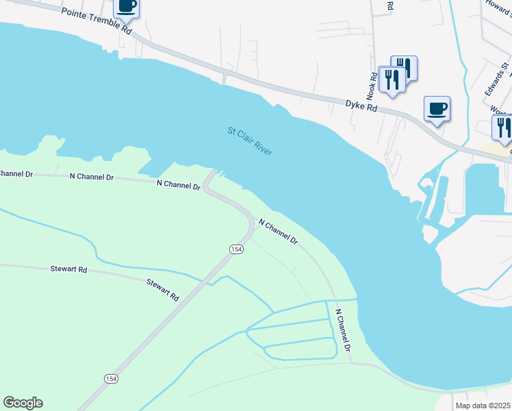 map of restaurants, bars, coffee shops, grocery stores, and more near 1546 North Channel Drive in Harsens Island