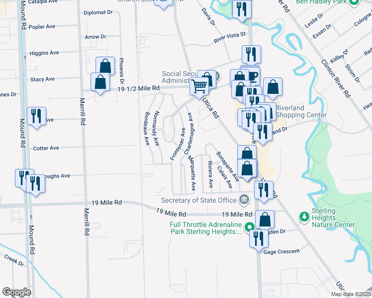map of restaurants, bars, coffee shops, grocery stores, and more near 43316 Charlemagne Avenue in Sterling Heights