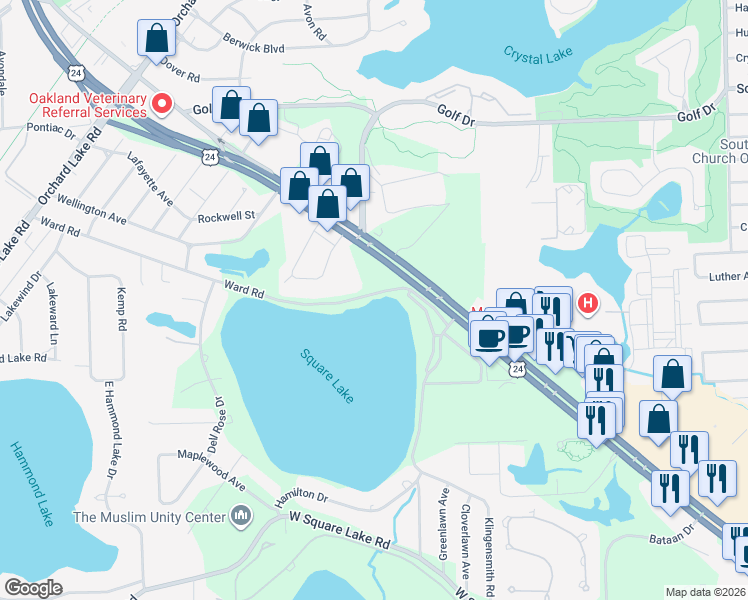 map of restaurants, bars, coffee shops, grocery stores, and more near 1296-1586 Ward Road in Bloomfield Township