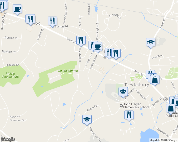 map of restaurants, bars, coffee shops, grocery stores, and more near 29 Newton Avenue in Tewksbury