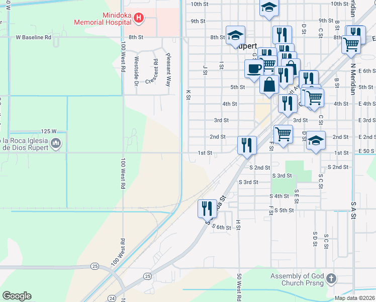 map of restaurants, bars, coffee shops, grocery stores, and more near 1021 1st Street in Rupert