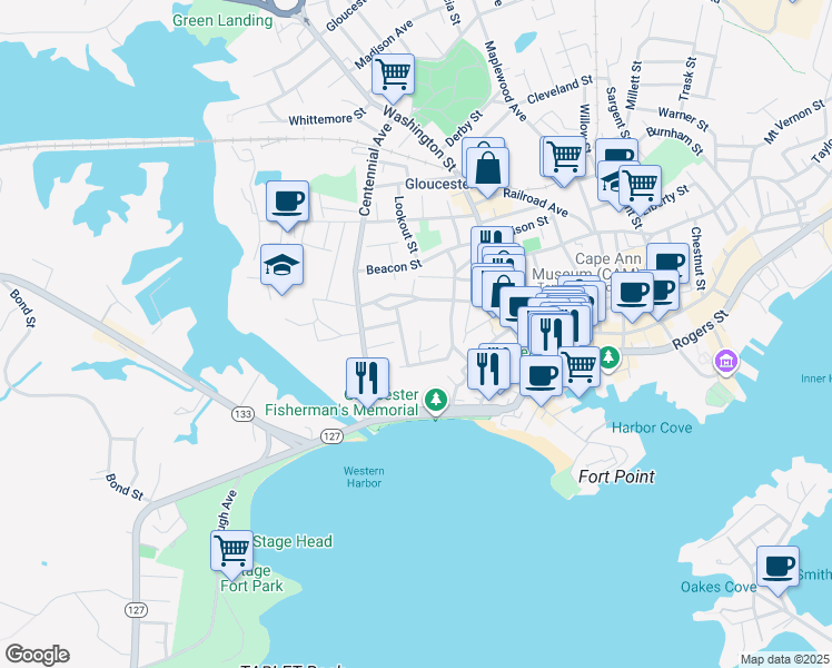 map of restaurants, bars, coffee shops, grocery stores, and more near 6 Babson Street in Gloucester